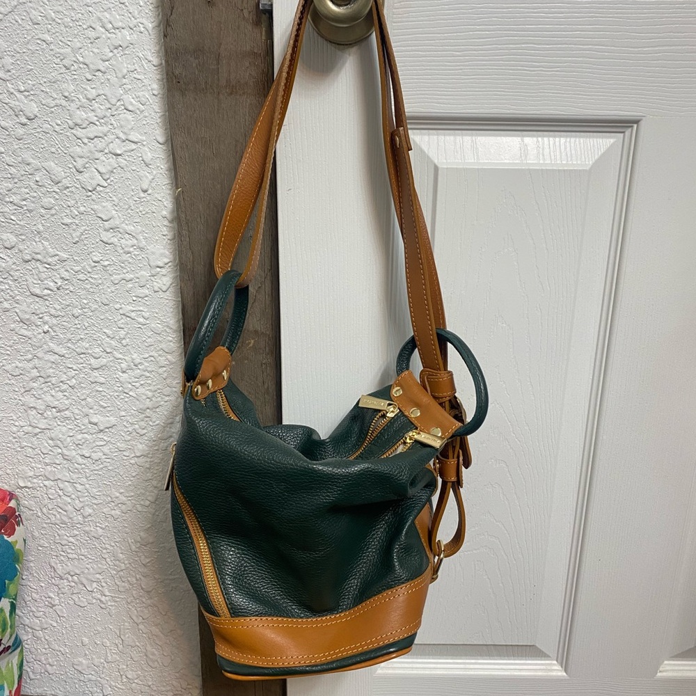 Valentina Pebbled Leather Forest Green & Tan Sling Bag/Backpack - Like NEW!